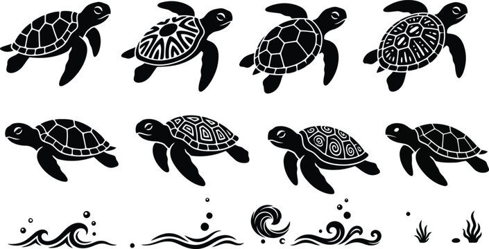 Sea turtle silhouettes and marine life elements on a white background