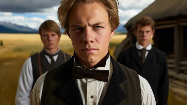Young Mormon men, dressed in traditional conservative attire, standing determinedly on a rural prairie landscape, embodying faith, heritage, and community spirit