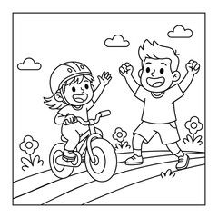 Bicycle success scene shows a happy young boy cheering for his little sister riding her bike coloring page