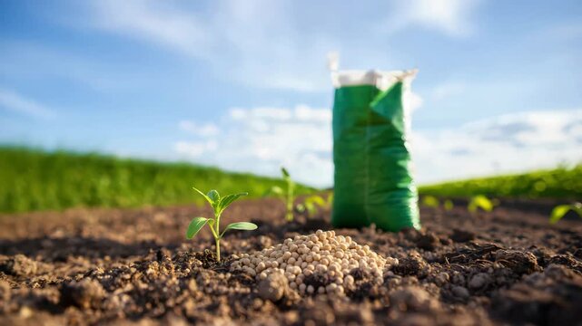 Fertilizer granules near young plant in farmland during fertilizer shortage, agricultural supply crisis, rising farming costs, crop growth risk, soil nutrition challenge affecting food production