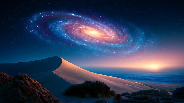 Vibrant spiral galaxy shining over a windswept beach dune at dusk