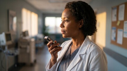 Fototapeta premium Thoughtful African American female doctor dictating medical records on a smartphone in a blurred hospital corridor, warm evening light, clinical professional healthcare concept.