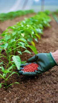 Gloved hand holding red granular NPK fertilizer over soil near green vegetable plant row close up, agricultural inputs and plant nutrition concept, vertical banner for farming and home gardening
