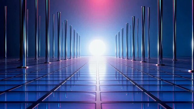 Futuristic corridor with glowing poles