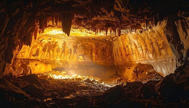 Illuminated Cave Interior with Stalactites and Stalagmites.
