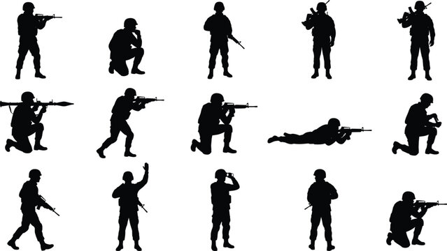 Vector collection of military soldier silhouettes in combat poses aiming standing kneeling and prone with rifles and weapons