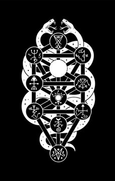 Black and white Qliphoth diagram with serpent and occult symbols