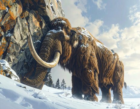 Majestic Woolly Mammoth in Snowy Mountain Landscape.