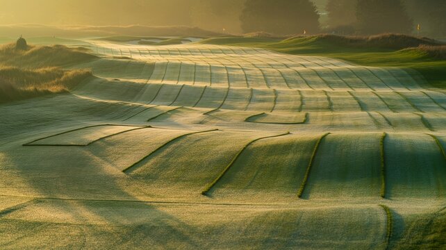 Golf course fairway with geometric circuit patterns at sunrise &ndash; Ideal for luxury resort promotions, turf management, or business golf.