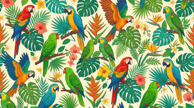 Vibrant tropical parrots and lush foliage create a lively, exotic pattern