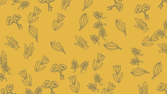 Minimalist motion graphic featuring hand-drawn botanical line art of flowers and leaves falling over a warm mustard yellow background.