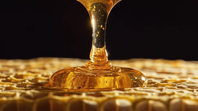 Close up of honey dripping from honeycomb structure against black background