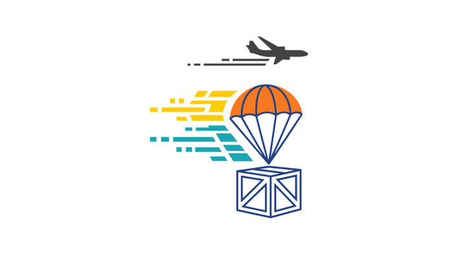 Cargo plane drops a wooden crate with an orange parachute illustrating fast air delivery and humanitarian aid services for logistics.