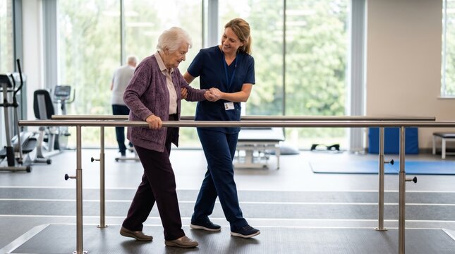 Friendly physical therapist in blue scrubs helps an elderly senior woman walk using parallel bars in a bright, modern rehabilitation clinic with natural light and supportive mood.