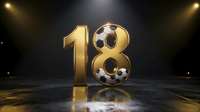 Cinematic 3D letter 18 with golden metallic finish and embedded soccer ball textures