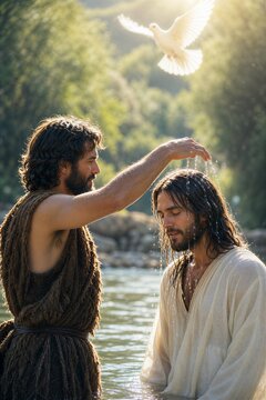 John the Baptist Baptizes Jesus Christ in the Jordan River, as the Holy Spirit Descends in the Form of a Dove, a Sacred Moment of Divine Consecration