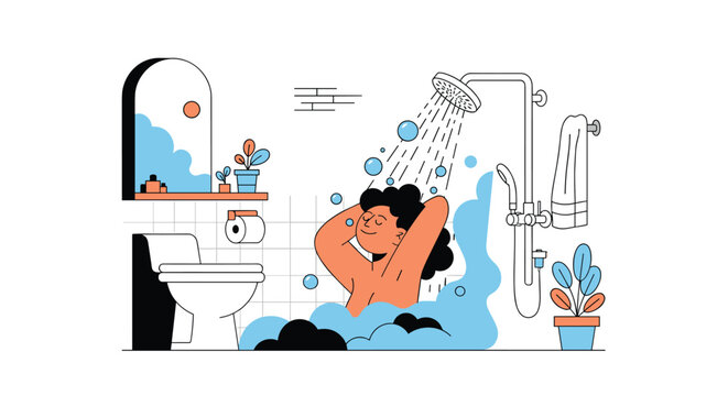 Happy woman takes a refreshing shower in a modern bathroom with blue bubbles and water flowing from the showerhead fixture.