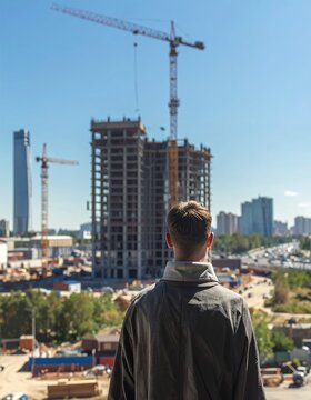Man observing a large construction site with cranes and buildings.