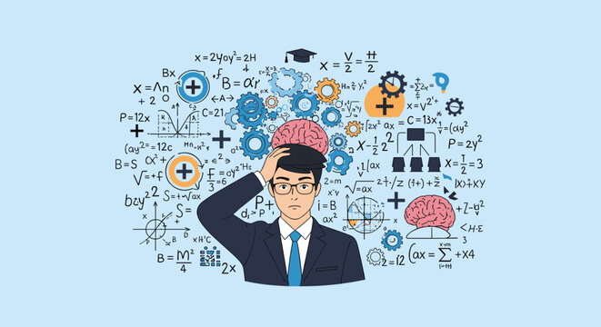 Stressed businessman looks confused while surrounded by complex mathematical equations, cogs, and human brain illustrations.