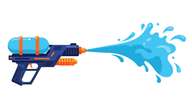 Modern blue and orange plastic water gun toy shoots a large splash of bright blue water in a horizontal stream for play.