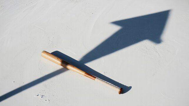 Baseball bat on concrete with upward arrow shadow &ndash; Great for youth sports funding, hitting statistics, or business breakthrough ideas.