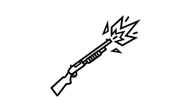 Dynamic black and white line drawing captures the moment a shotgun is fired with a powerful muzzle flash at the tip.