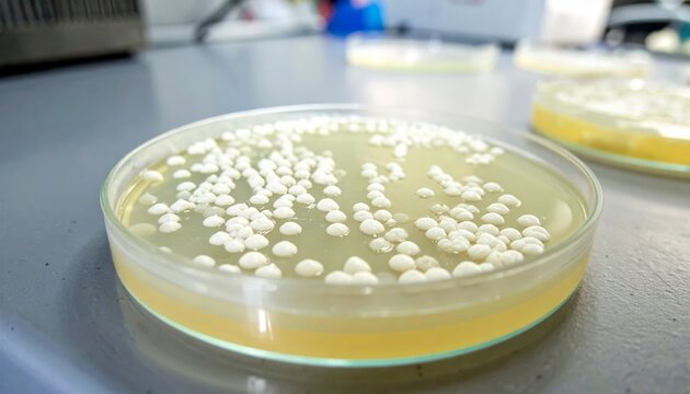 Petri dish with small white bacterial colonies on agar