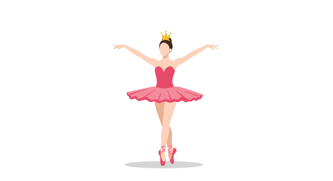 Graceful ballerina in a pink tutu and golden crown performs a classical dance move on a plain white background.