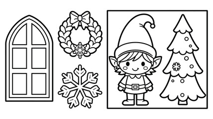 Fototapeta premium Full body christmas elf with pine tree and snowflake clipart