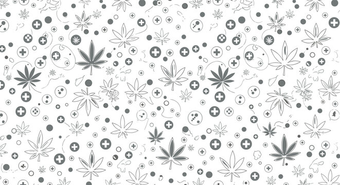 Subtle seamless pattern features grey cannabis leaves, medical symbols, and dots on a clean white background texture.