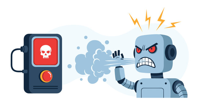 Angry robot breathes out a cloud of steam while facing a control panel displaying a dangerous skull and bones icon.