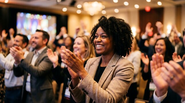 Audience claps enthusiastically during live presentation. Woman smiles broadly, eyes bright with joy and approval. Crowd engages, hands raised in unified celebration. Ideal for business, training