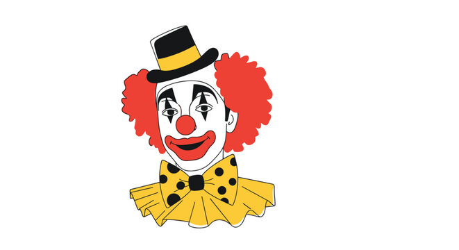Portrait of a classic clown with white face paint, red hair, a small black hat, and a yellow polka dot bow tie.