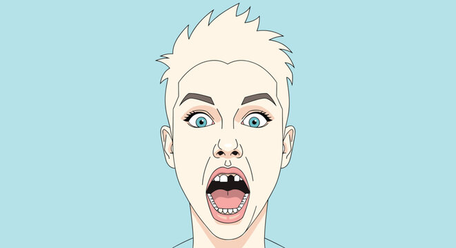 Close-up of a shocked woman with light hair screaming with her mouth open showing a missing front tooth against a simple blue background.