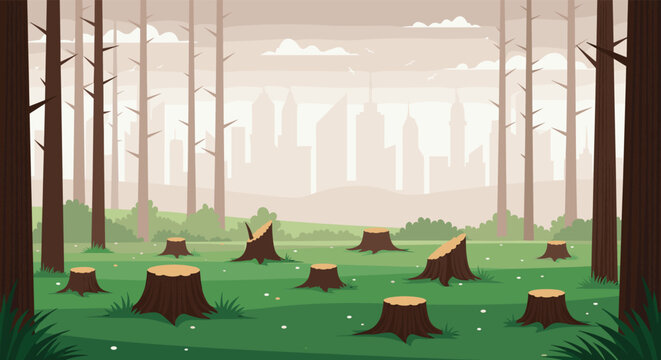 Flat landscape showing many tree stumps in a deforested field with a distant city skyline through the haze highlighting ecological concerns.