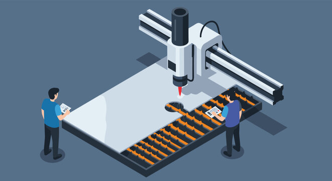 Two industrial workers monitoring an automated laser cutting machine processing a large metal sheet in a modern factory setting for manufacturing.