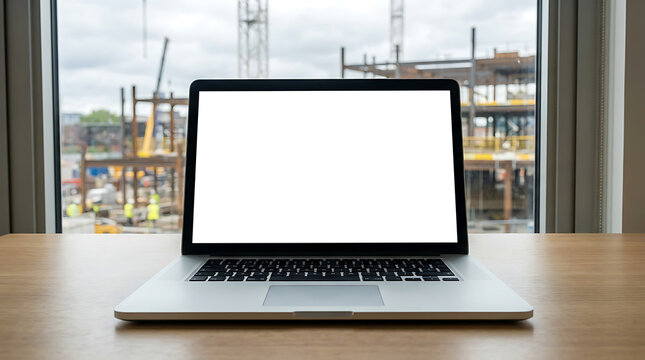 Modern laptop displaying blank screen on wooden desk with construction site in background