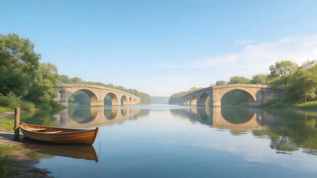Boat near stone bridge over calm river