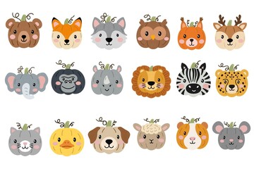 Fototapeta premium Big collection of cute animals disguised as halloween pumpkins. Hand drawn clipart mega set with woodland, safari and domestic pets jack o lantern characters for kids autumn design.