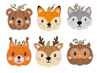 Fototapeta premium Cute forest animals halloween pumpkin clipart set. Hand drawn woodland characters jack o lantern elements for kids nursery decor, bear, fox, wolf, squirrel, deer, owl.
