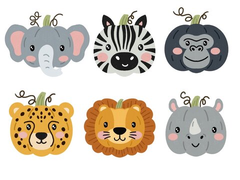 Safari animals disguised as halloween pumpkins digital illustration. Cute jungle characters set with elephant, zebra, lion, cheetah, gorilla, rhino for baby shower and kids design.