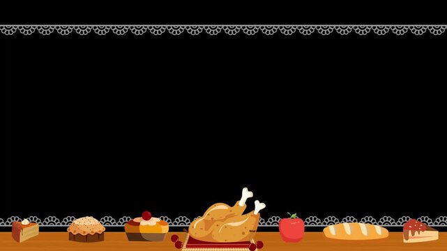 Animated thanksgiving dinner table setting with roasted turkey pies and bread on a wooden table against a black background festive holiday meal preparation