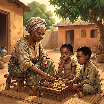 West African Grandmother Teaching Grandchildren Ayo Oware Traditional Game Editorial Illustration