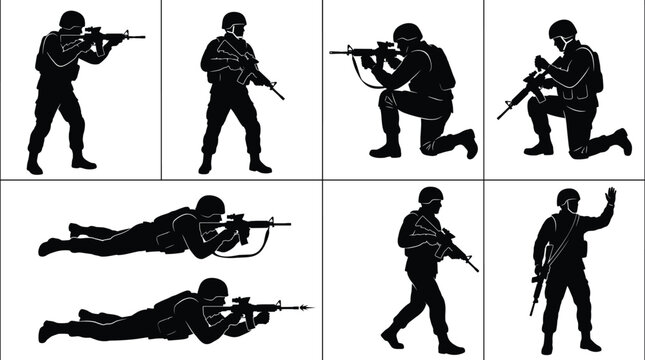 Vector silhouette set of military soldiers in diverse tactical combat positions standing kneeling prone and walking with rifles