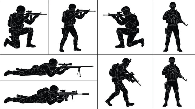 Vector silhouette set of military soldiers in tactical shooting poses kneeling standing and prone position with rifles