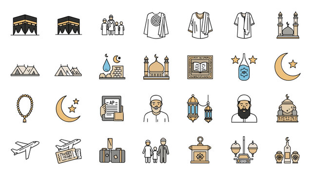 Collection of Islamic icons representing hajj pilgrimage, mosques, religious figures, and symbols of faith and travel, vector illustration