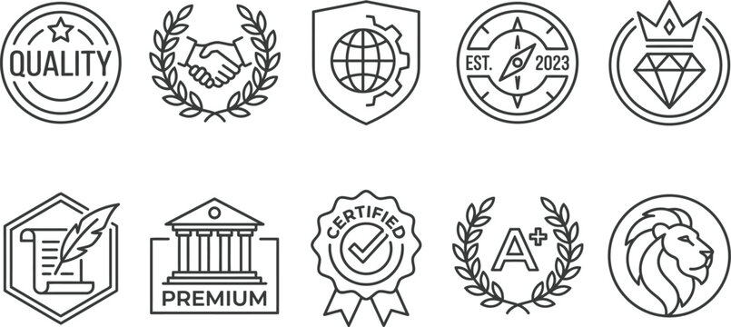 Set of line vector icons for business, education, and quality assurance featuring quality, certified, premium, and guaranteed symbols.