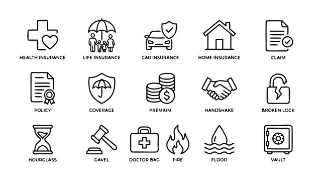 Insurance Line Icon Set Featuring Health Life Car and Home Protection Policy Claim Coverage Premium Handshake Broken Lock Hourglass Gavel Doctor Bag Fire Flood and Vault Security Symbols