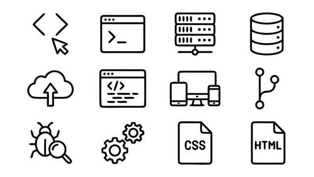 Professional Set of 12 Coding and Web Development Line Icons Featuring Programming Symbols, Software Engineering Tools, Database, Cloud Computing, Responsive Design, Debugging, HTML, CSS, and Git.