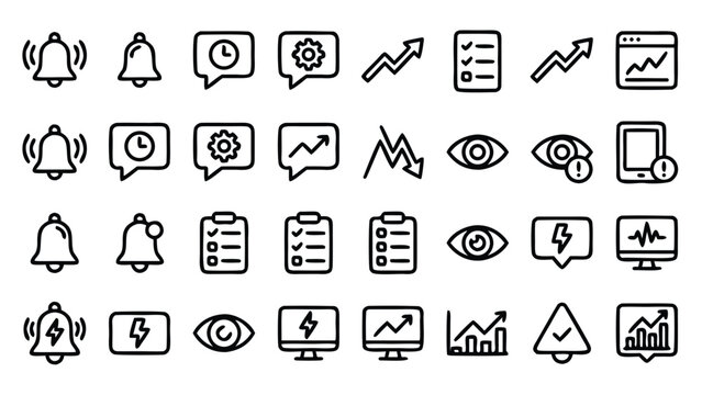 Professional vector line icon set featuring 30 unique symbols for real-time market alerts, notification bells, stock volatility, watchlist tracking, financial data monitoring, and trading analytics.
